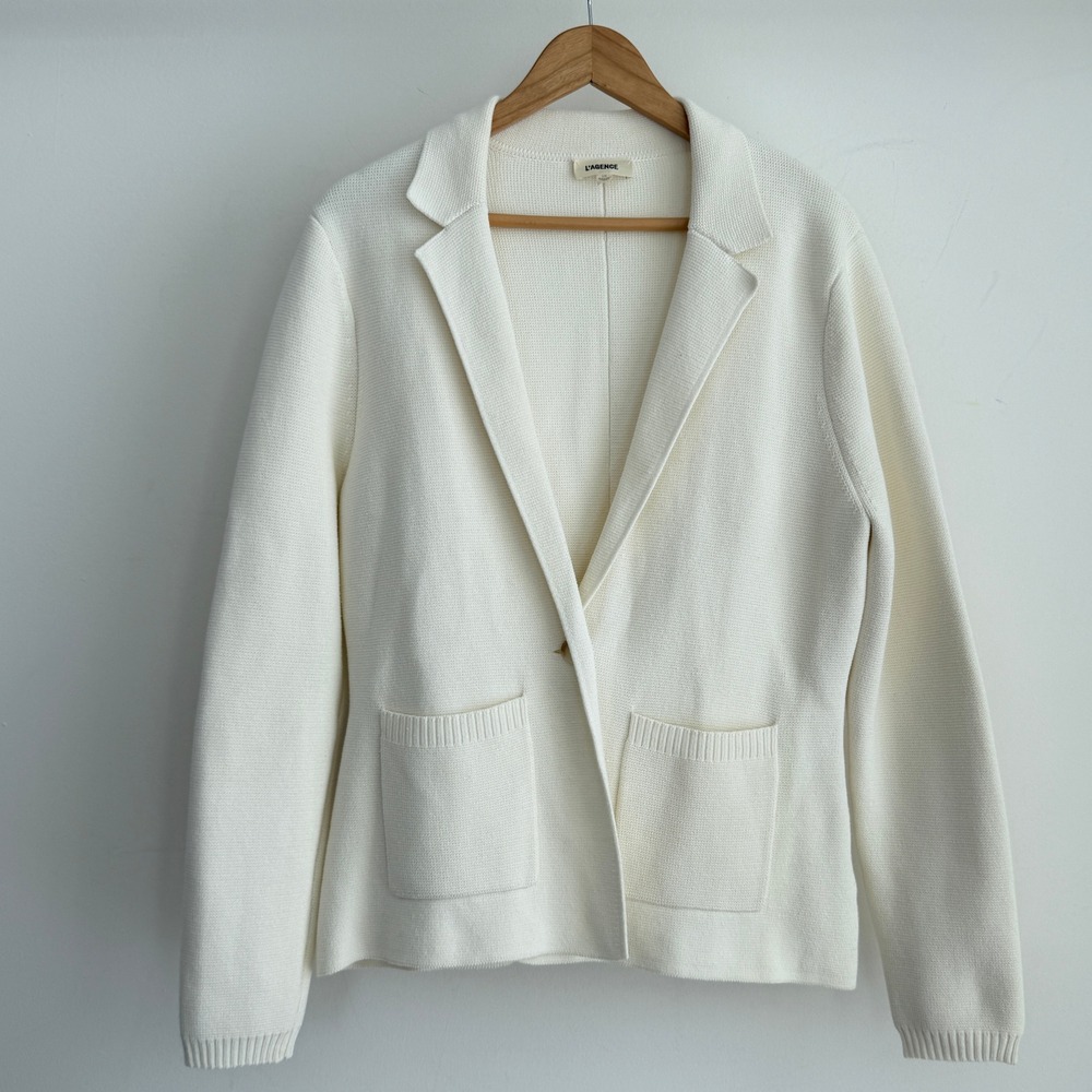 L'AGENCE Blazer Large Ivory Lacey Knit Jacket Patch Pocket Minimalist Luxury